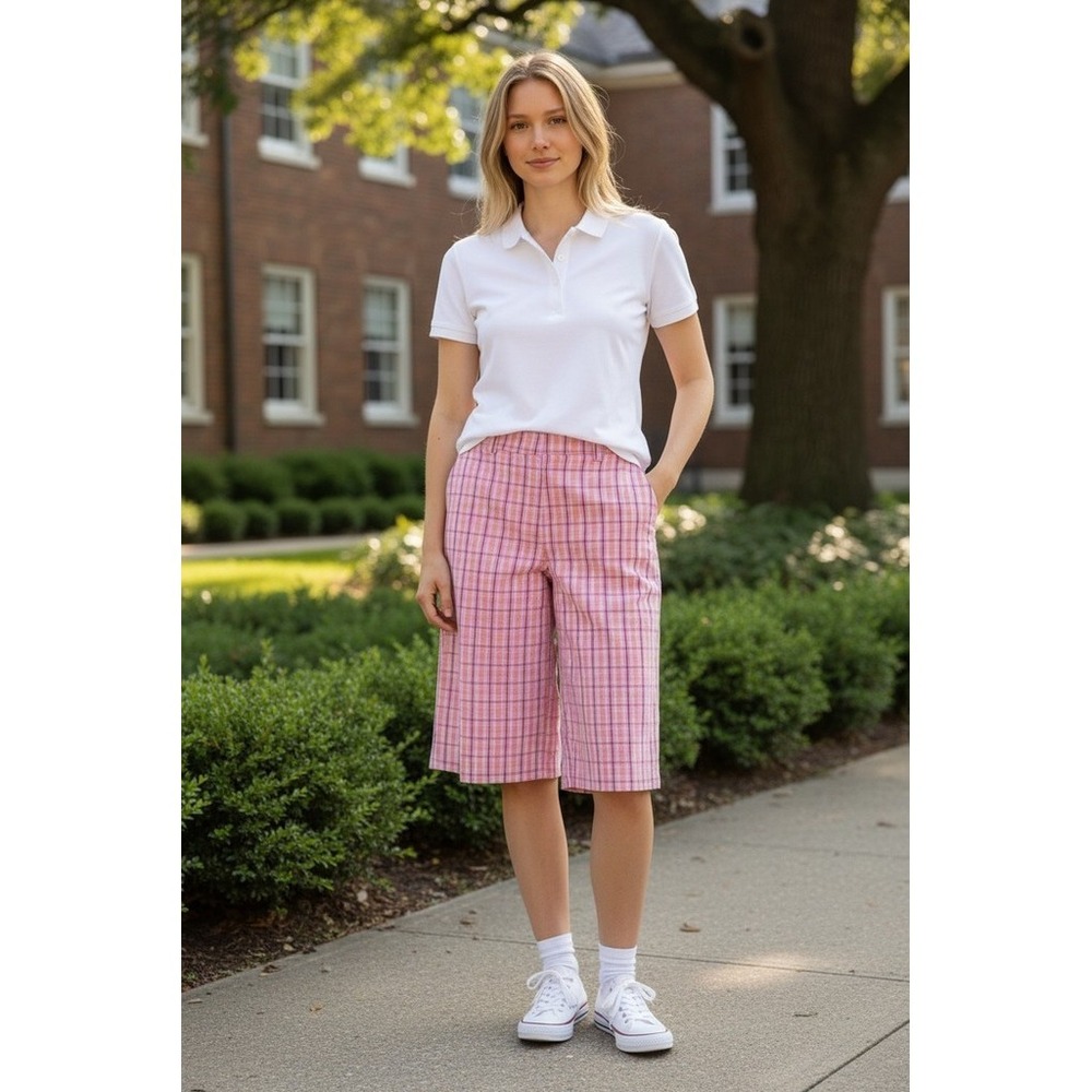 Mountain Lake Bermuda Shorts Women Size 8 Plaid Pink Orange White Stretch preppy